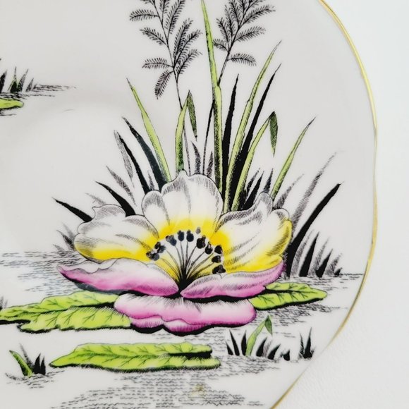 Rosina Water Lily Teacup & Saucer July Flower of the Month, Pink Black & Yellow - Picture 11 of 15